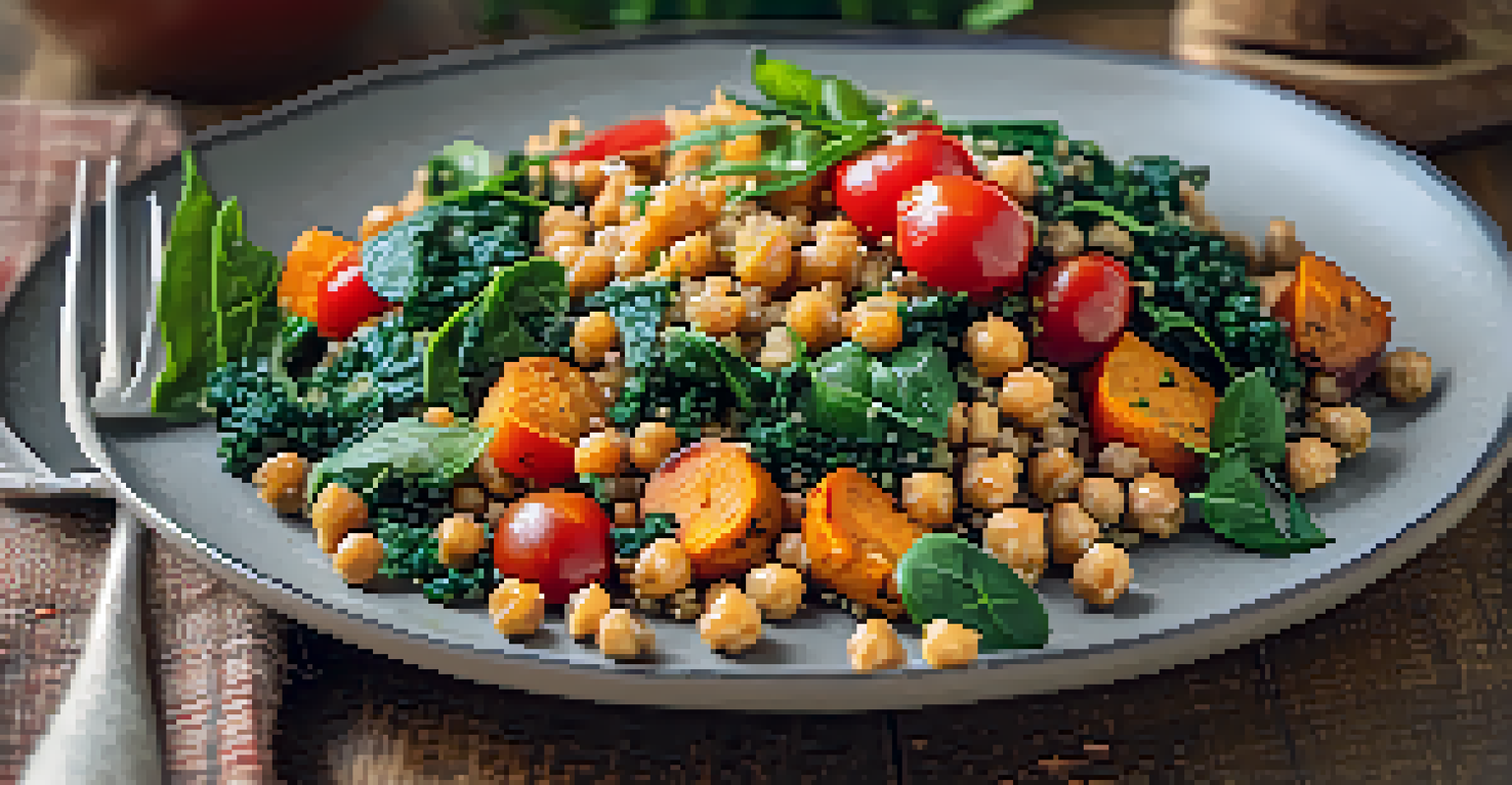 A close-up of a plated vegan meal with quinoa, chickpeas, and colorful vegetables.