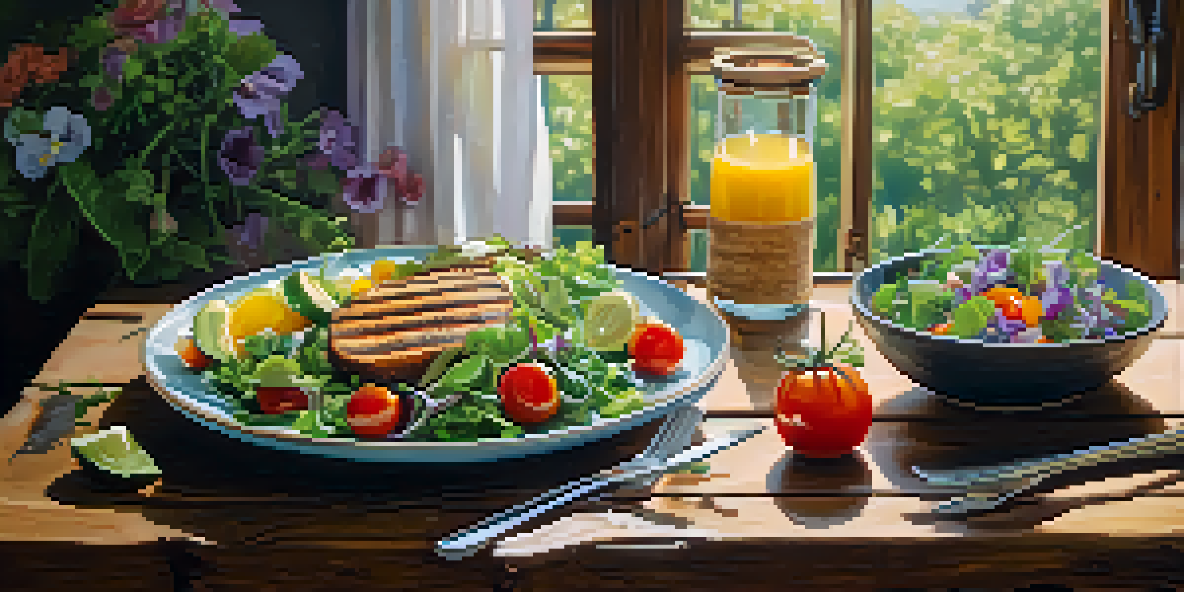 A colorful vegan salad on a wooden table with greens, tomatoes, avocado, and flowers, gently illuminated by natural light.