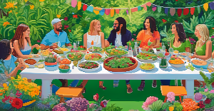 An outdoor vegan potluck table filled with colorful dishes, surrounded by greenery and guests enjoying the event.