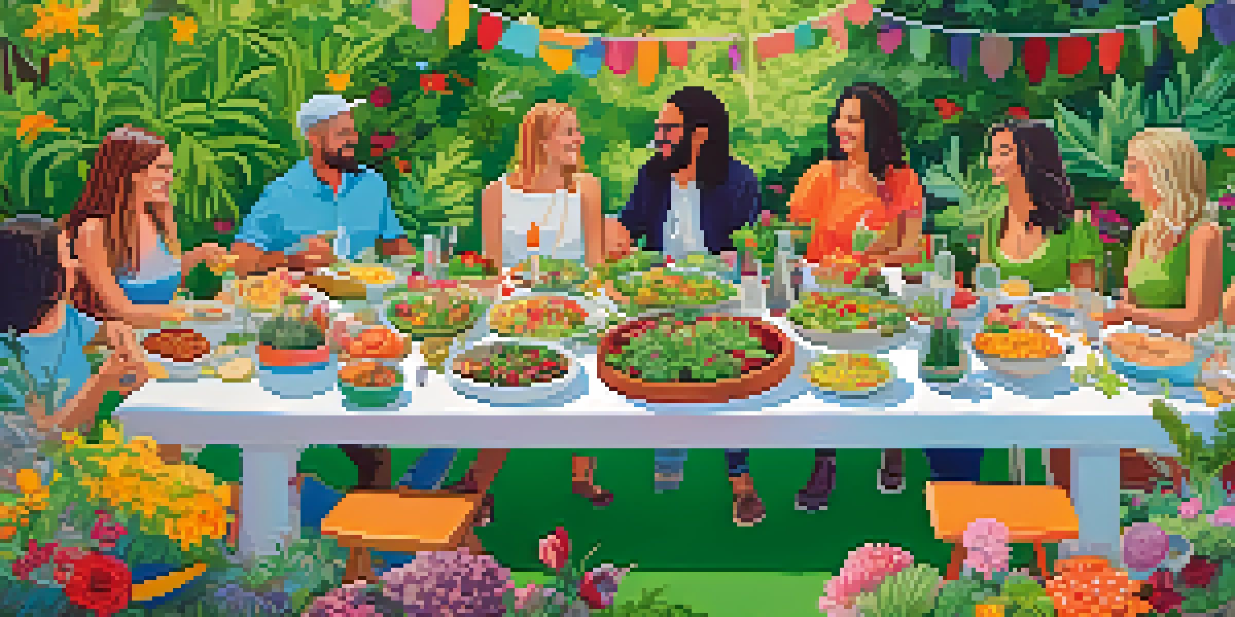 An outdoor vegan potluck table filled with colorful dishes, surrounded by greenery and guests enjoying the event.