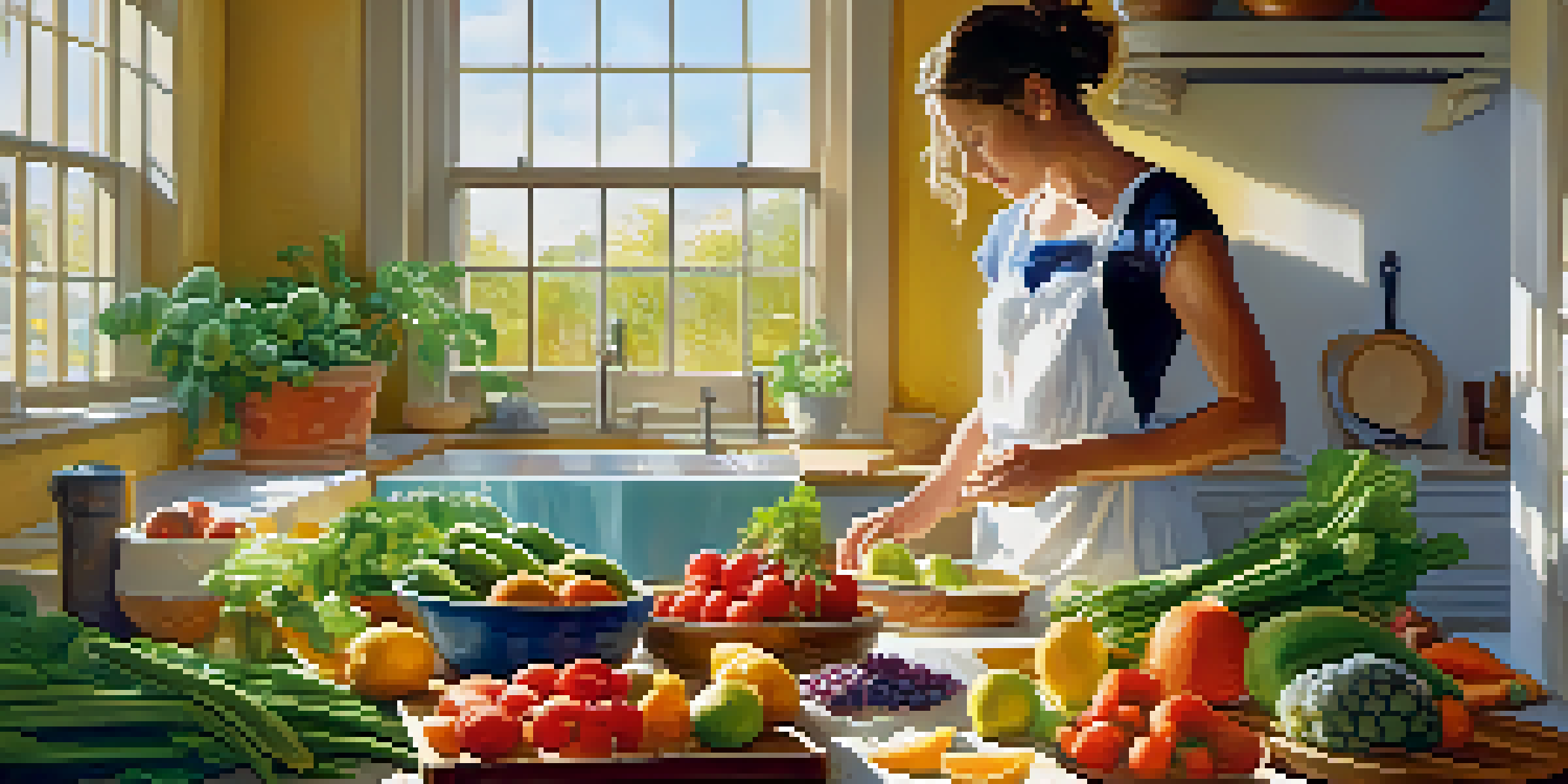 A person washing fruits and vegetables in a bright kitchen with sunlight streaming through the window, showcasing fresh produce.