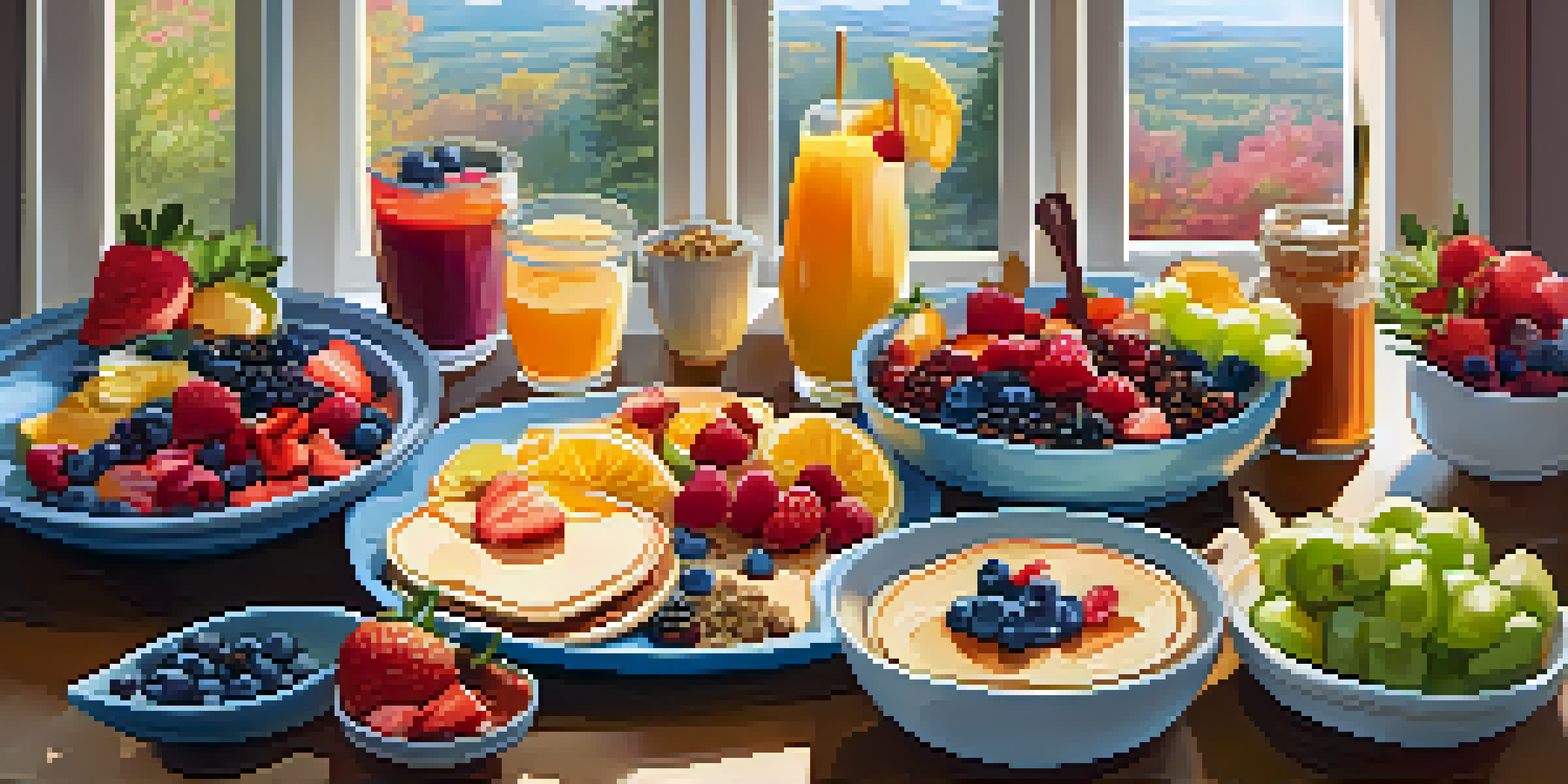 A brunch table filled with delicious vegan pancakes, smoothie bowls, and a colorful fruit platter, all under warm natural light.