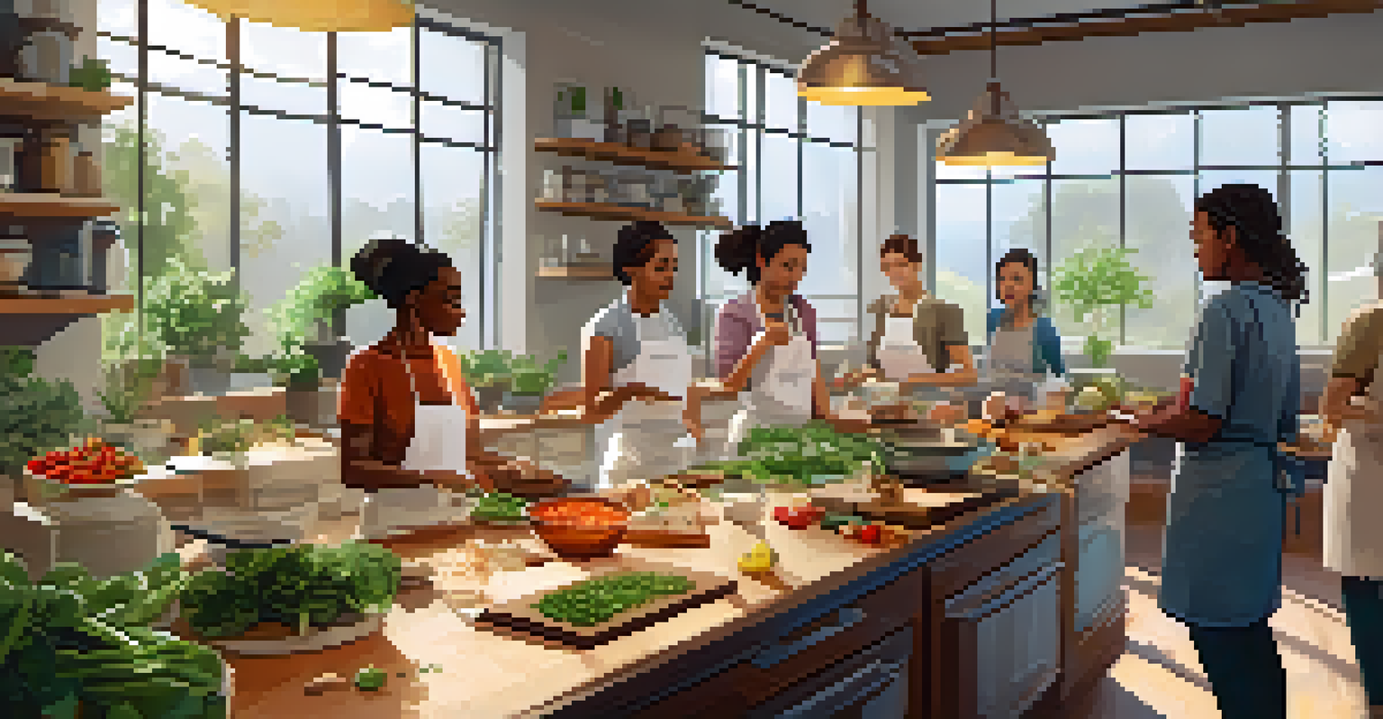 A cooking class on vegan cuisine with diverse participants learning in a bright workshop space.