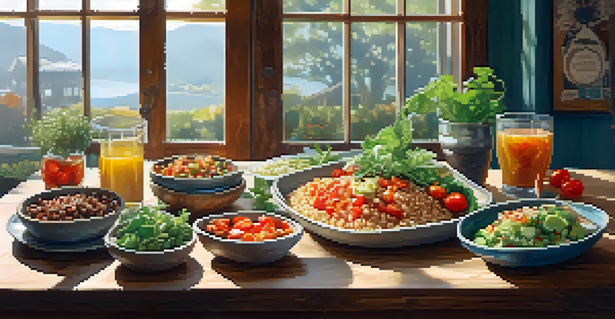 A colorful vegan meal displayed on a wooden table with various dishes including a quinoa salad, kimchi, and kombucha, illuminated by sunlight.