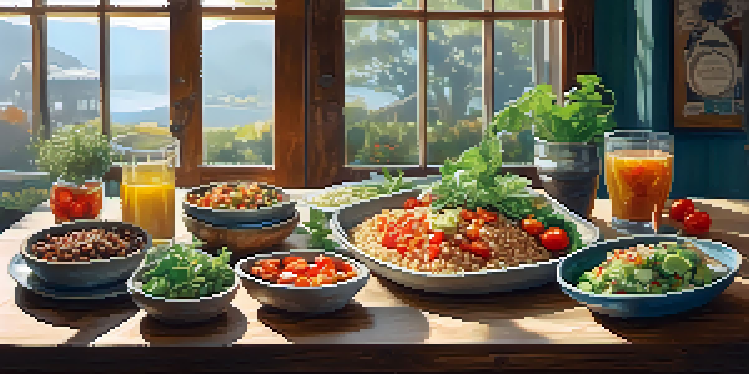 A colorful vegan meal displayed on a wooden table with various dishes including a quinoa salad, kimchi, and kombucha, illuminated by sunlight.
