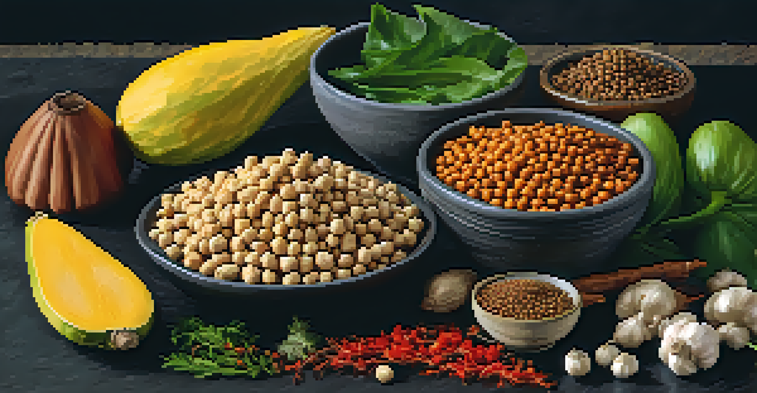 An arrangement of diverse vegan ingredients including jackfruit, chickpeas, and spices on a slate background.