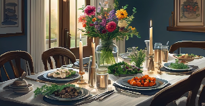 A rustic dining table elegantly set for a vegan dinner party with flowers and delicious food.