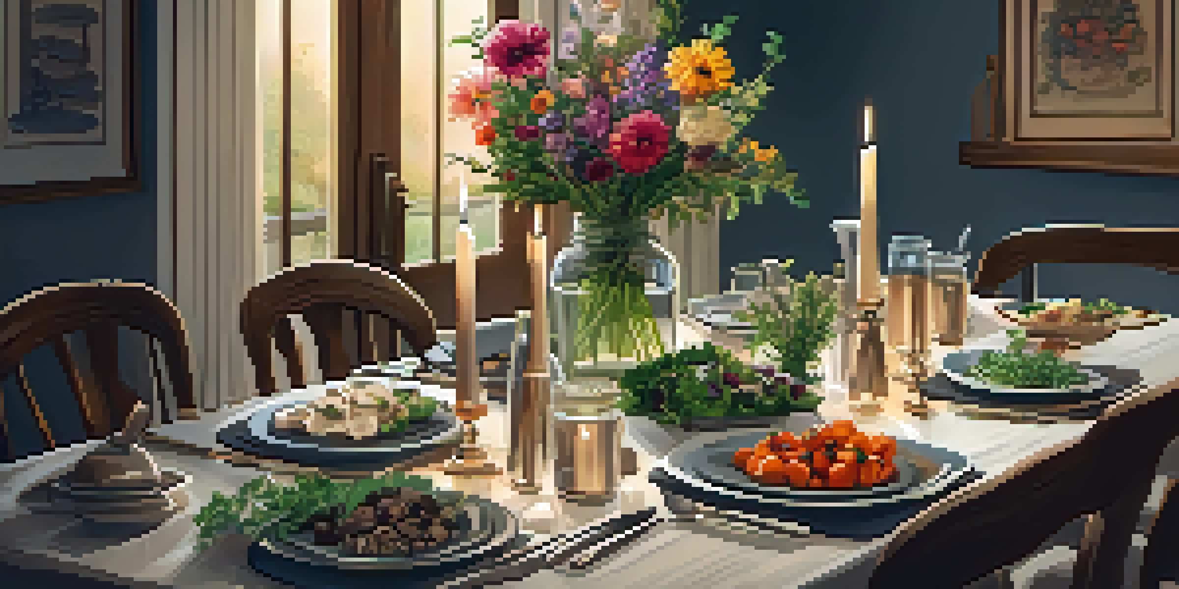 A rustic dining table elegantly set for a vegan dinner party with flowers and delicious food.