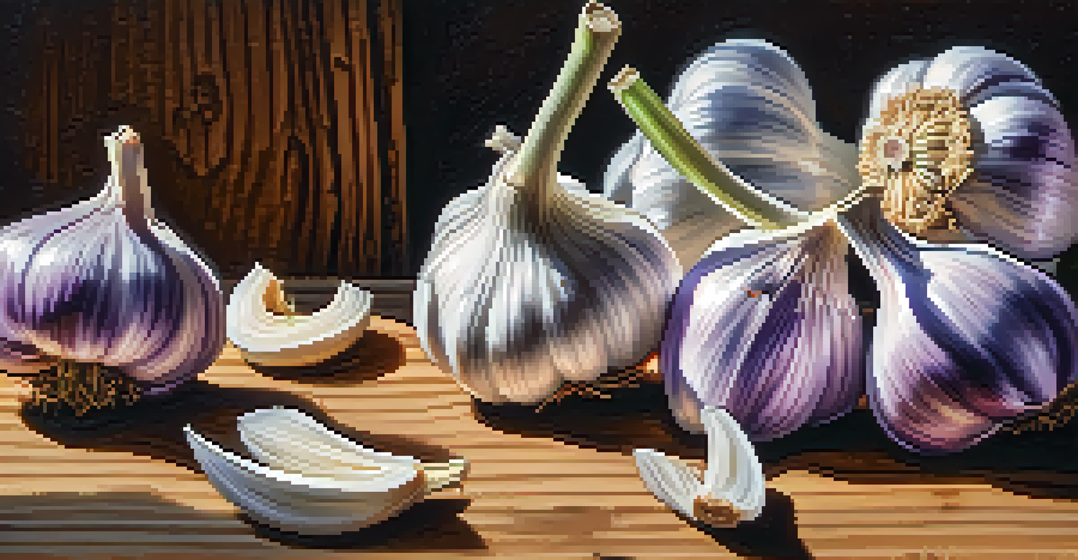 A close-up of fresh garlic bulbs on a wooden cutting board, with sunlight creating soft shadows.