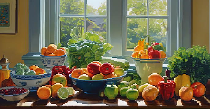 A colorful kitchen countertop filled with fresh fruits and vegetables, illuminated by sunlight.
