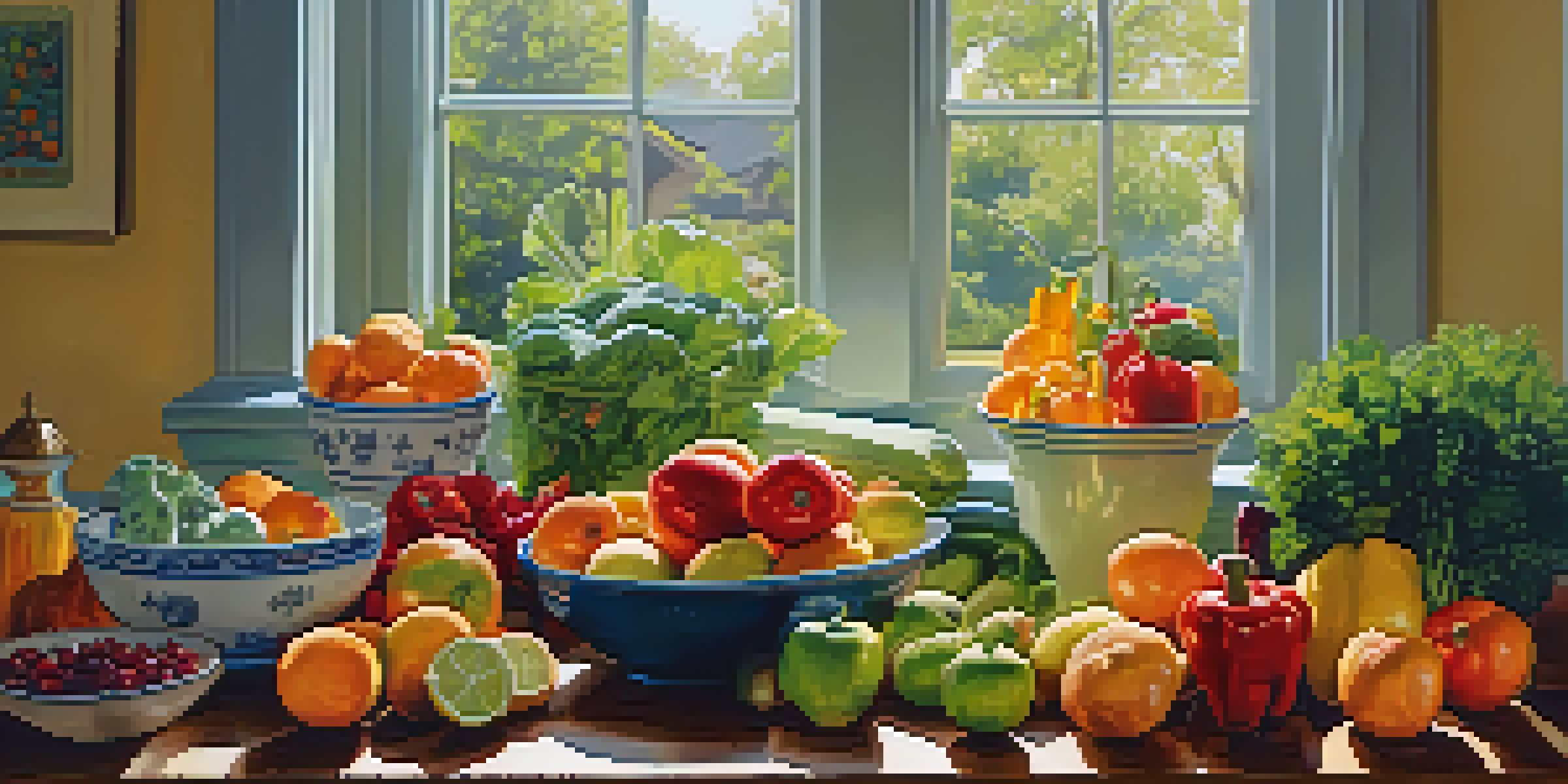 A colorful kitchen countertop filled with fresh fruits and vegetables, illuminated by sunlight.