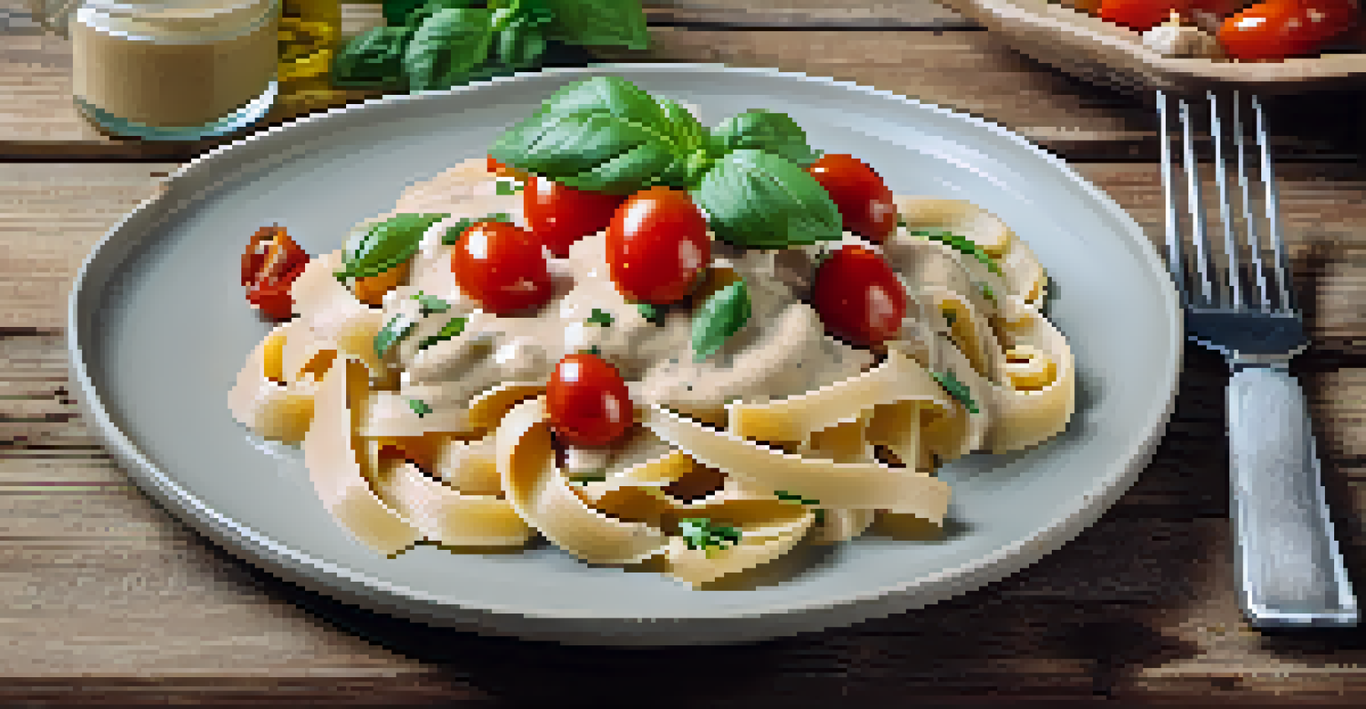 An artistic overhead view of pasta drizzled with creamy cashew sauce, garnished with basil and tomatoes, on a rustic table with a fork and extra sauce.