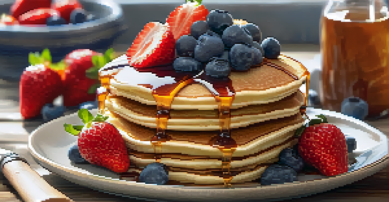 A close-up of a stack of fluffy vegan pancakes topped with fresh fruits and maple syrup on a wooden table.