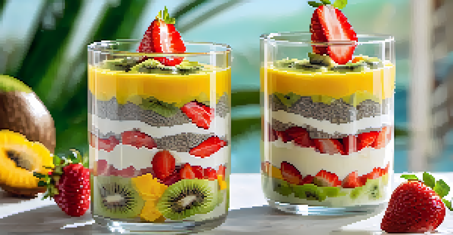 A clear bowl of coconut chia pudding layered with fresh fruits like mango, kiwi, and strawberries.