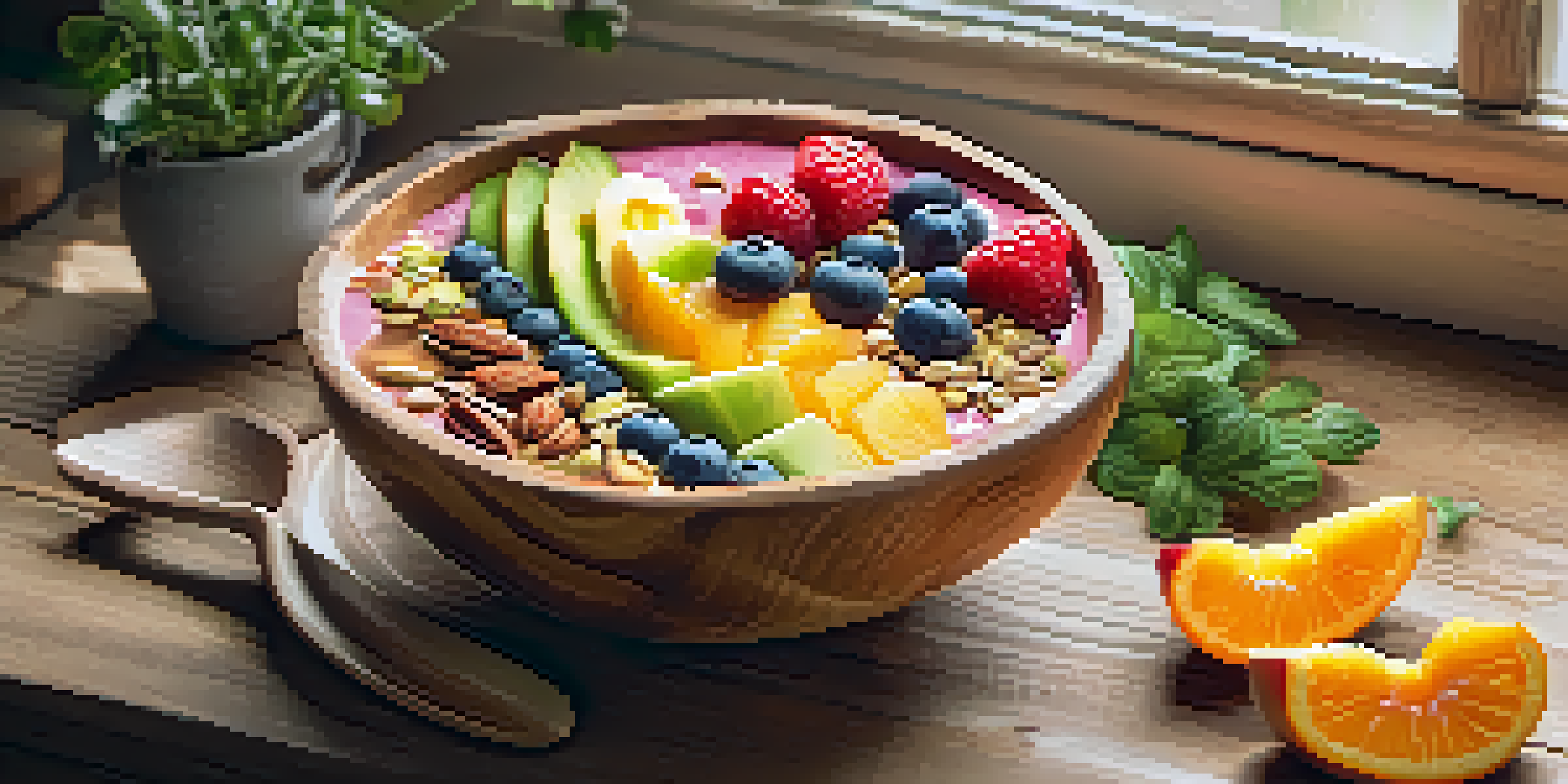 A vegan smoothie bowl with fresh fruits, seeds, and nuts in a wooden bowl, illuminated by soft natural light in a cozy kitchen setting.