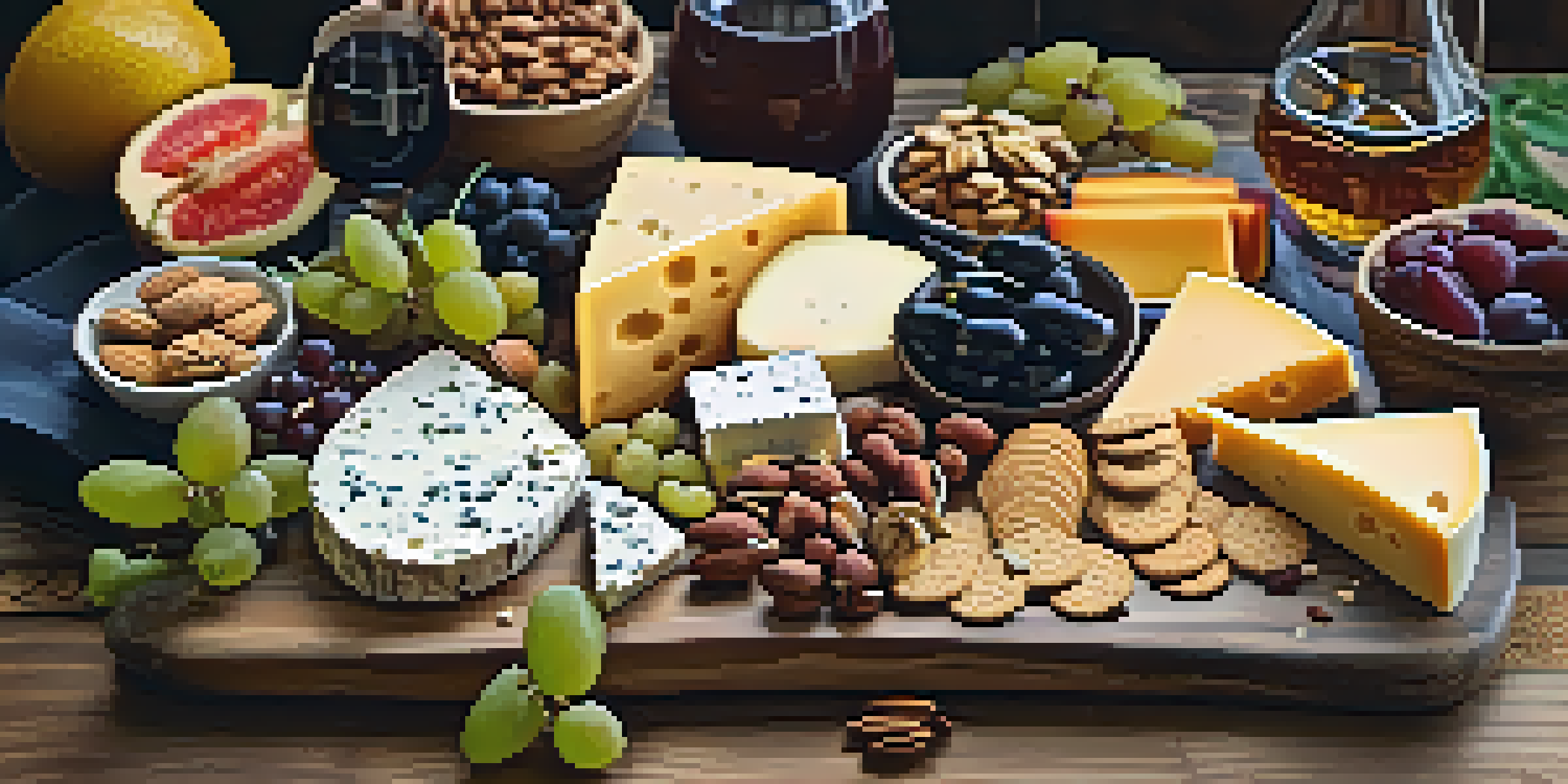 A vibrant vegan cheese board with nut-based cheeses, fresh fruits, olives, and crackers on a wooden table, illuminated by soft natural light.