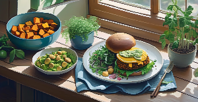 A colorful array of plant-based dishes on a wooden table, including an avocado salad, roasted sweet potatoes, and a chickpea burger under soft natural light.