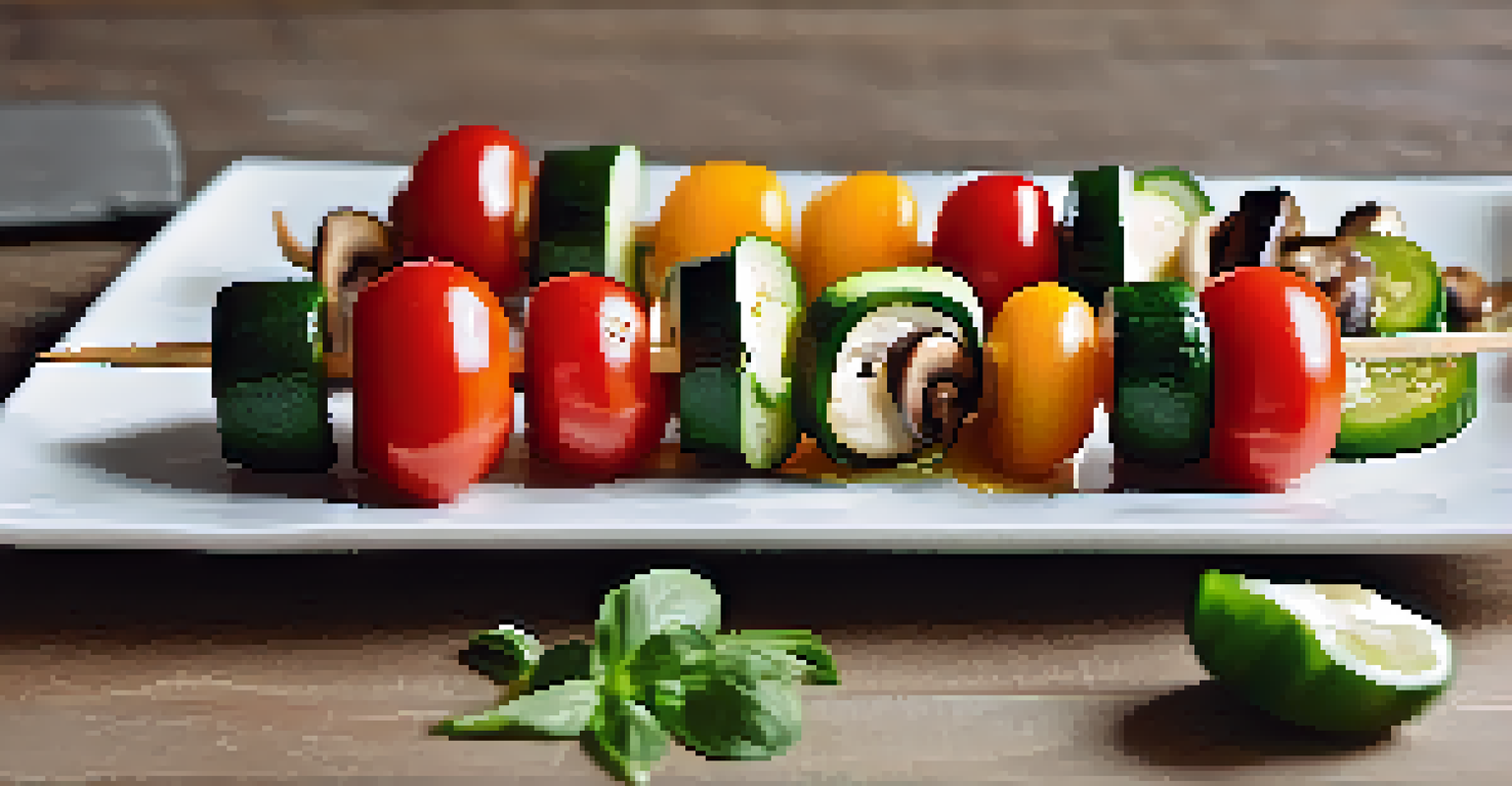 Colorful veggie skewers on a plate, accompanied by a small bowl of hummus.