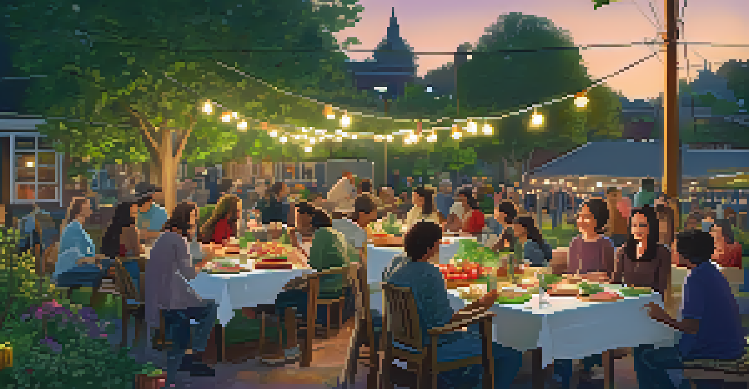 An evening potluck in a community garden, with tables full of colorful dishes made from fresh produce and people enjoying the gathering under string lights.