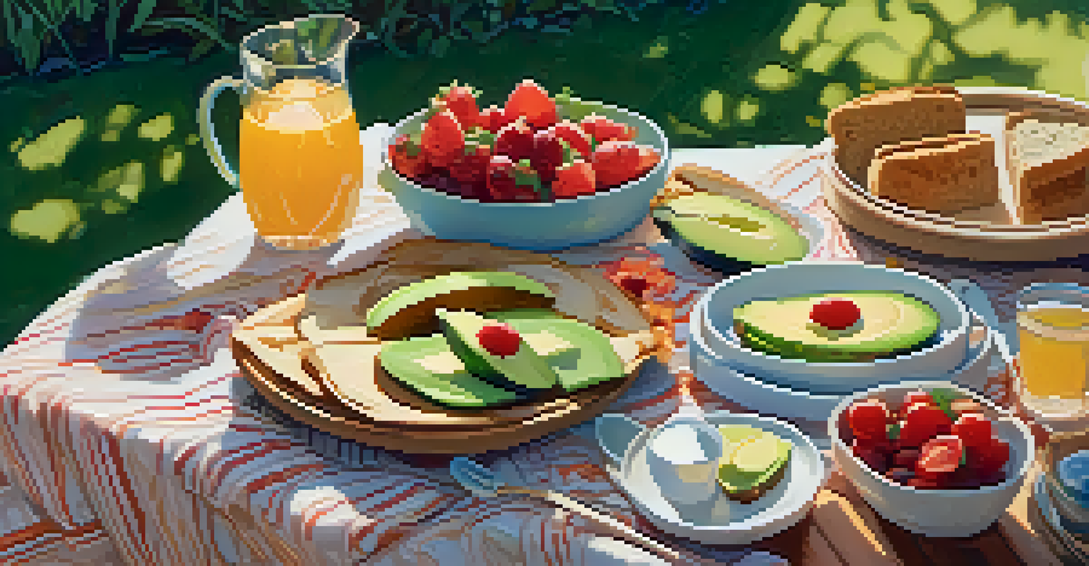 An outdoor picnic with a blanket on the grass, featuring plates of colorful plant-based dishes like avocado toast and quinoa salad, illuminated by golden hour sunlight.