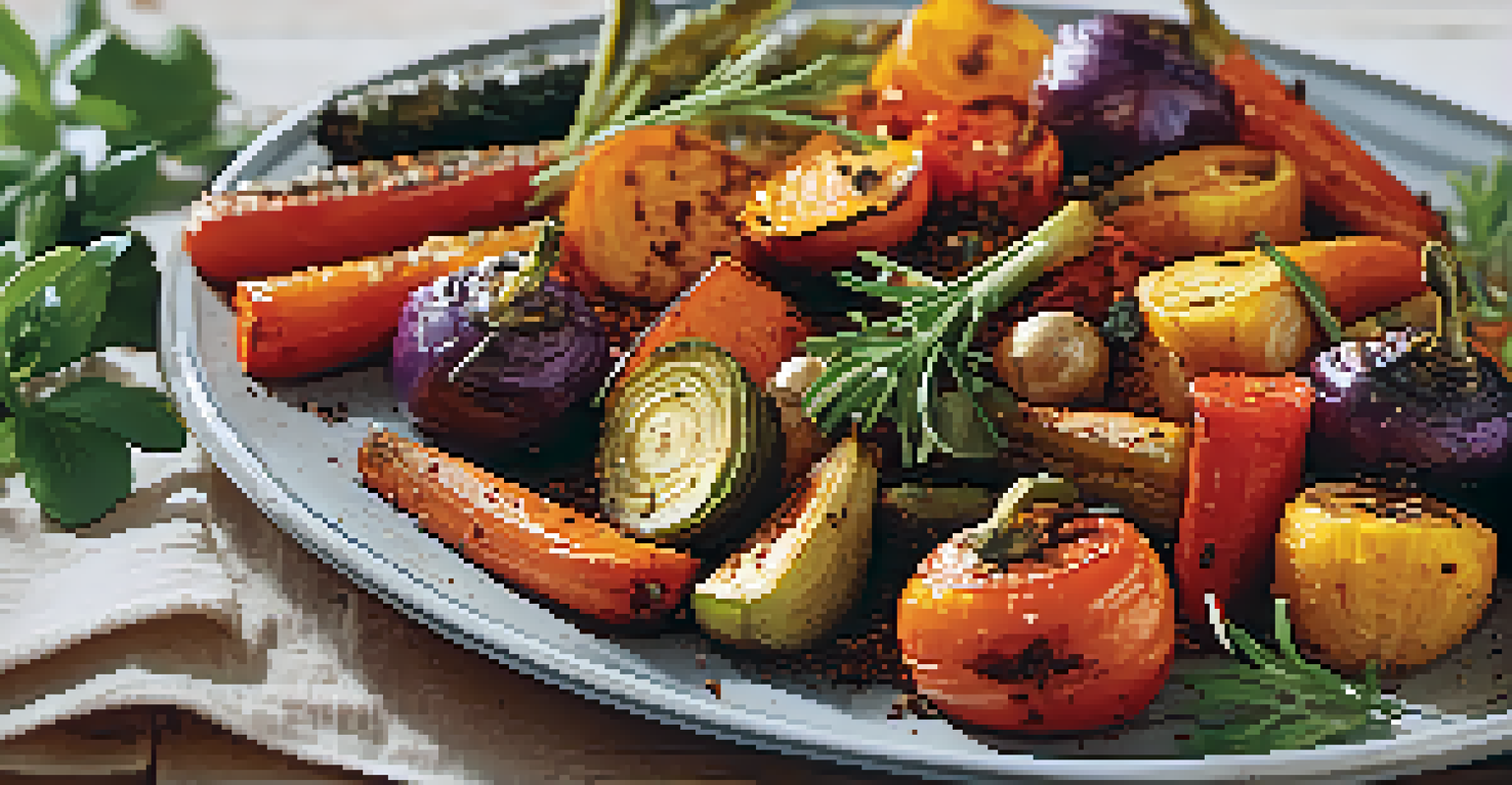 A plate of roasted vegetables seasoned with a colorful spice blend.
