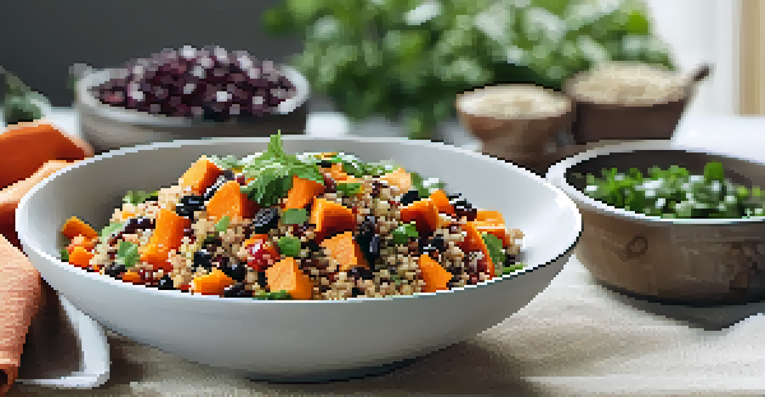 A close-up of a quinoa salad with sweet potatoes and black beans in a white bowl on a linen napkin.