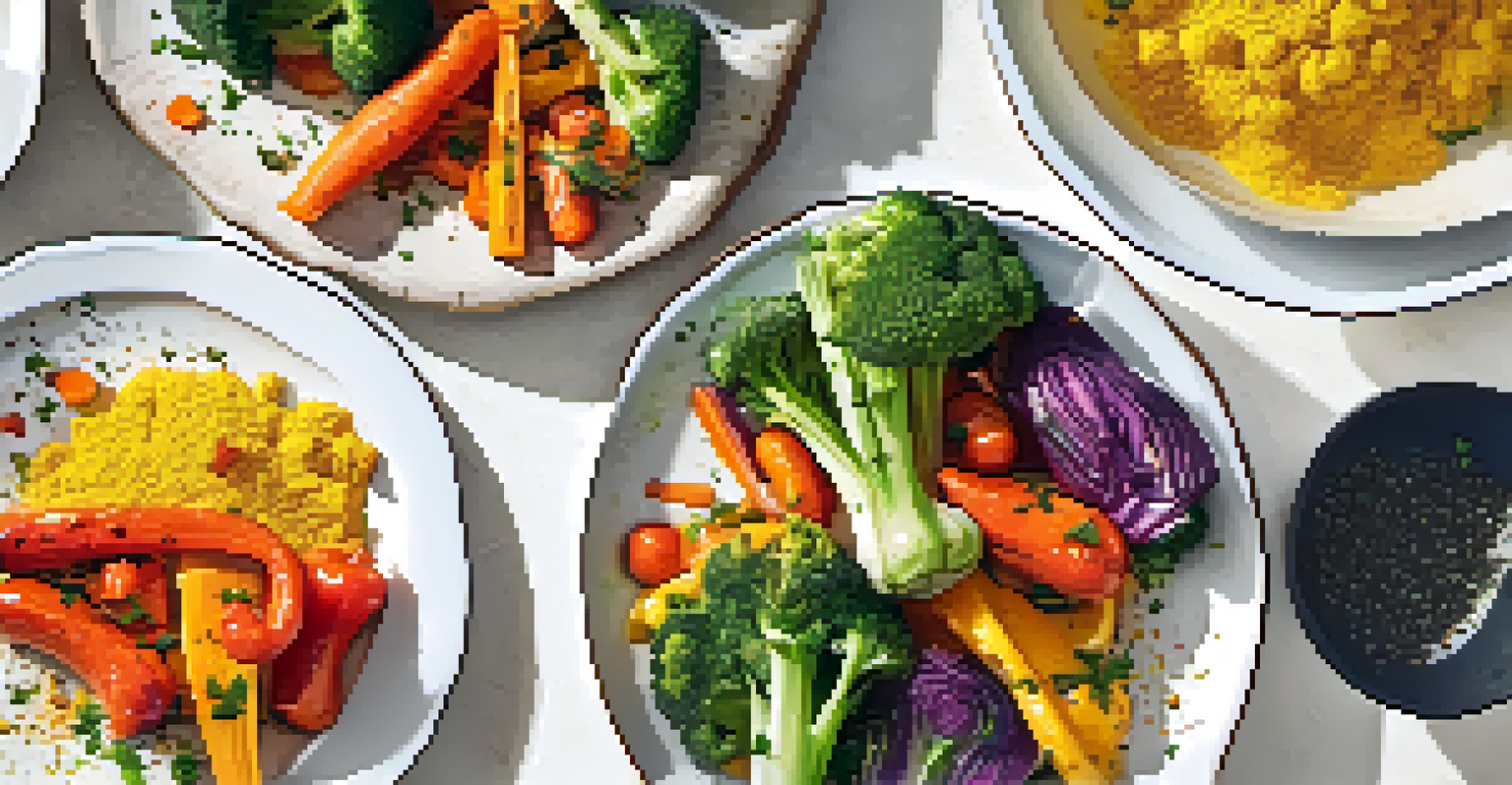 A plate of colorful roasted vegetables topped with nutritional yeast, arranged artfully and garnished with herbs.