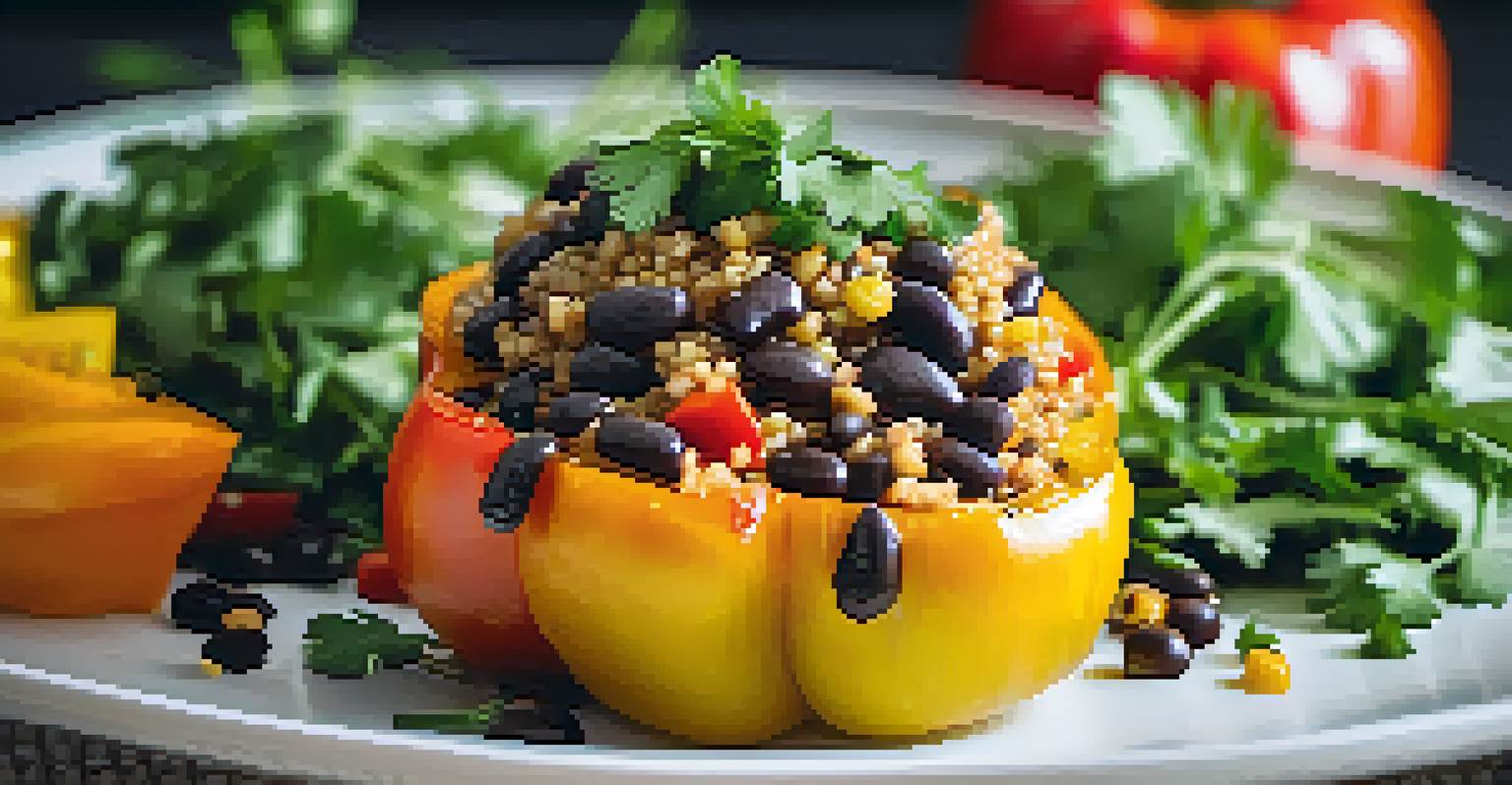 A close-up of stuffed bell peppers filled with quinoa and black beans on a white plate.