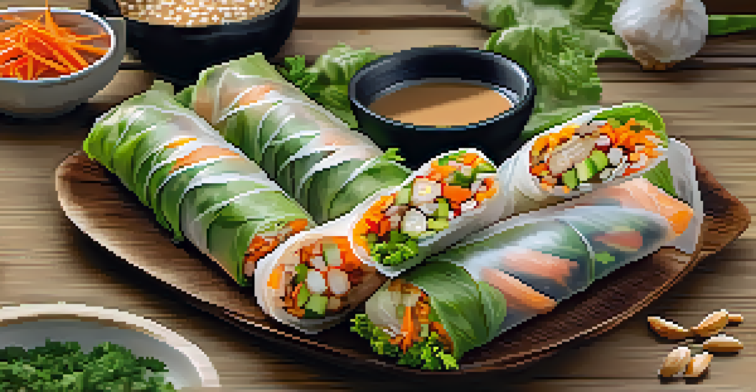 Freshly made Vietnamese spring rolls filled with vegetables and herbs, served with peanut sauce.