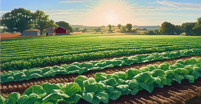 A vibrant green field filled with various crops and healthy soil under a clear blue sky.