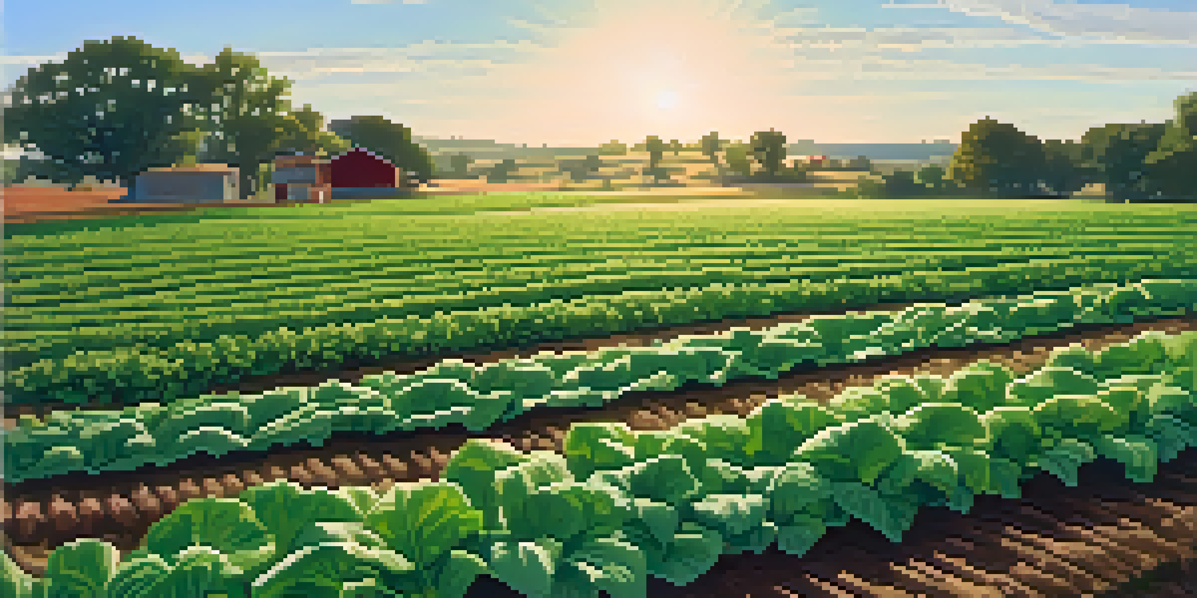 A vibrant green field filled with various crops and healthy soil under a clear blue sky.