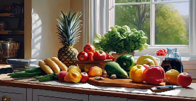 A kitchen countertop with a chef's knife, fresh fruits, and vegetables on a wooden cutting board, illuminated by natural light.