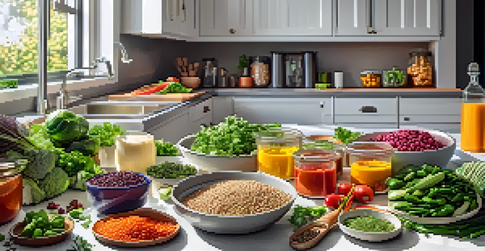 A bright kitchen countertop with organized containers filled with colorful vegan meal prep ingredients, including grains and vegetables, illuminated by sunlight.