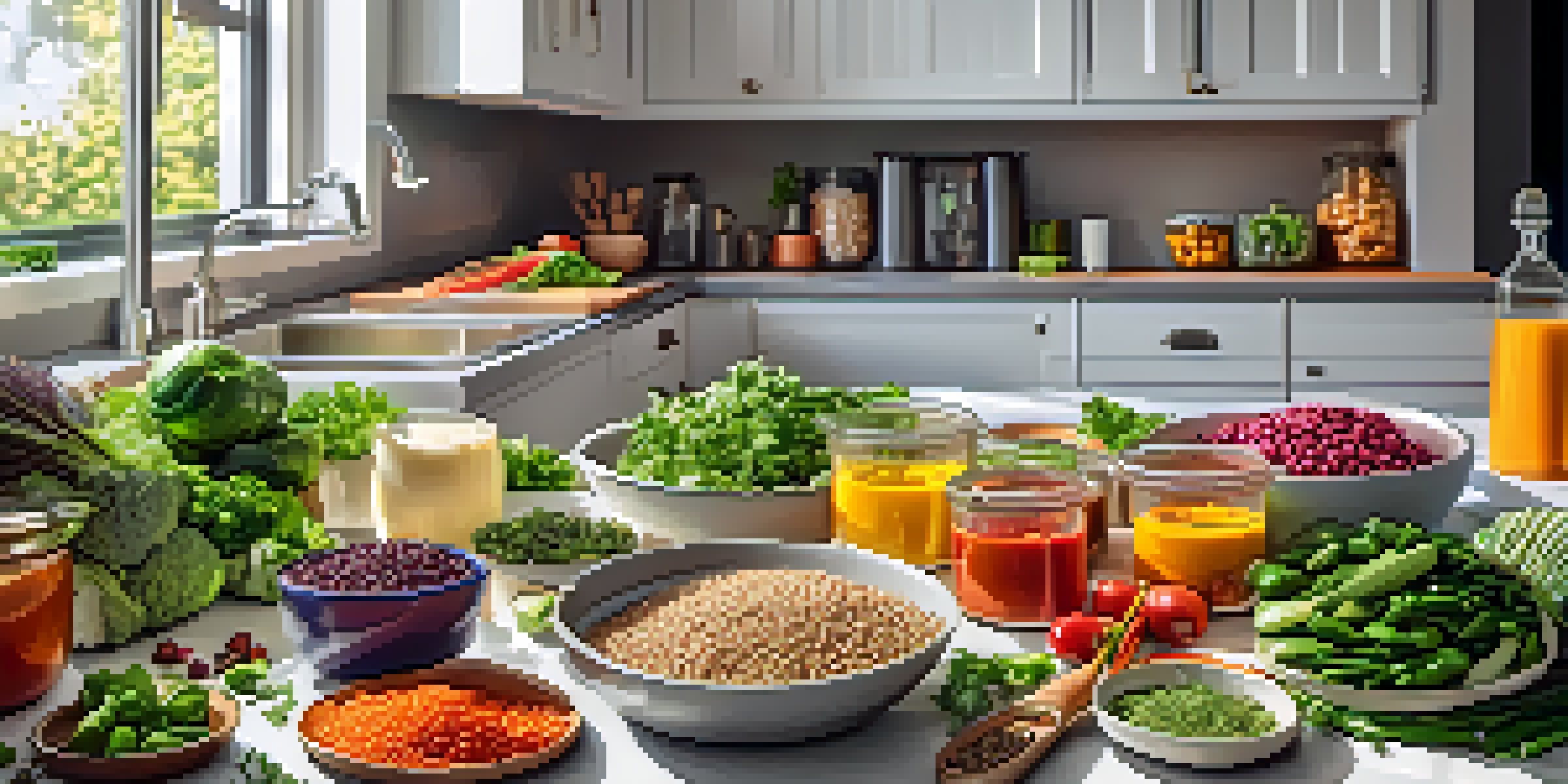 A bright kitchen countertop with organized containers filled with colorful vegan meal prep ingredients, including grains and vegetables, illuminated by sunlight.