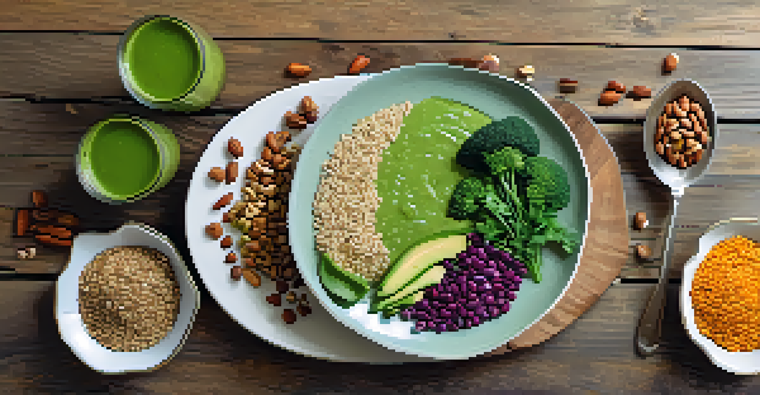 A flat lay of a balanced vegan meal on a rustic wooden table, featuring steamed vegetables, brown rice, lentils, nuts, and a glass of green smoothie.