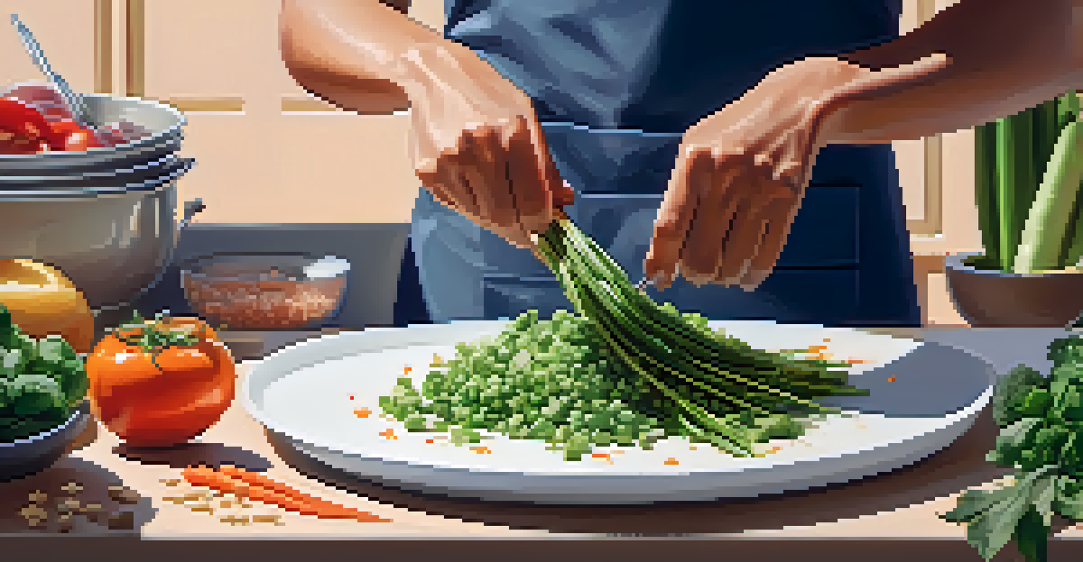 A close-up of hands chopping fresh vegetables in a modern kitchen, with various colorful ingredients on the counter.