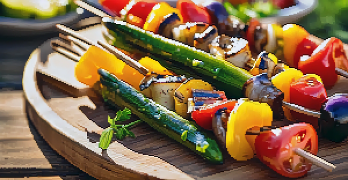 A close-up of colorful grilled vegetable skewers on a wooden platter, featuring bell peppers, zucchini, cherry tomatoes, and mushrooms in an outdoor BBQ setting.