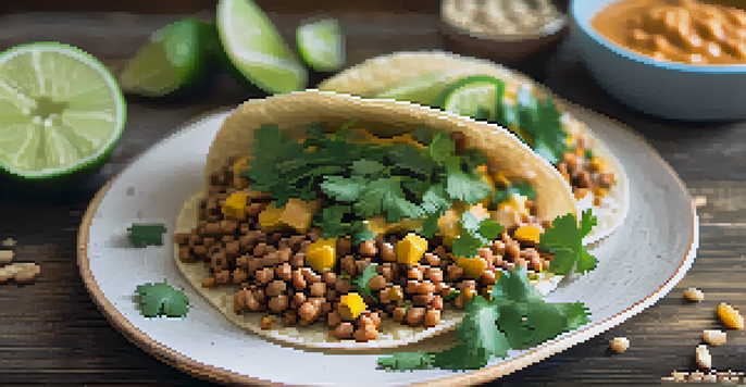 A colorful vegan taco filled with lentils and topped with Thai peanut sauce, on a wooden table with natural light.