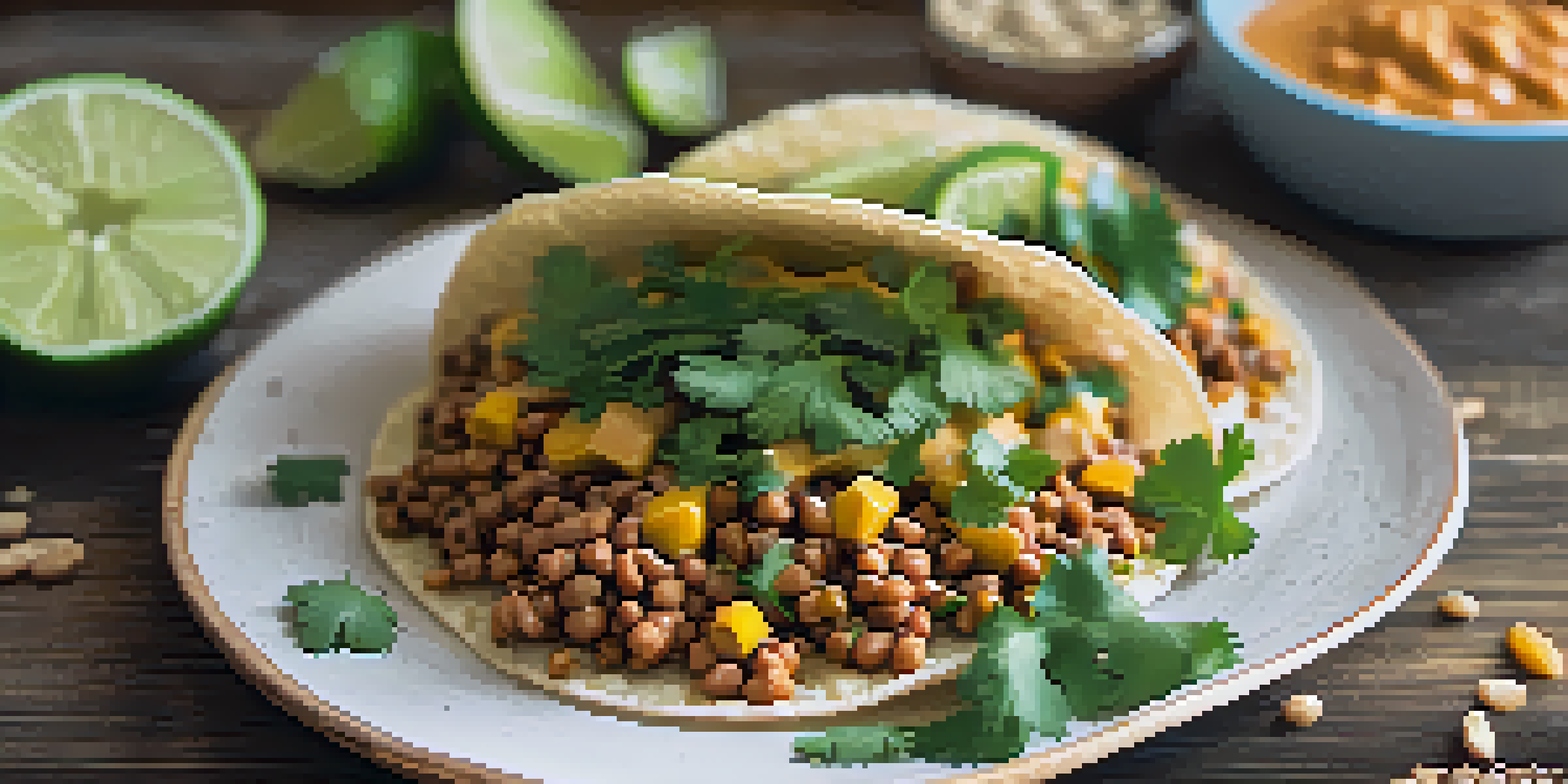 A colorful vegan taco filled with lentils and topped with Thai peanut sauce, on a wooden table with natural light.