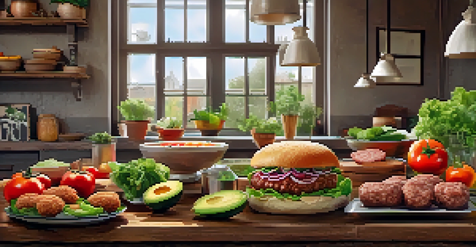 A colorful assortment of plant-based meat alternatives like burgers and sausages on a wooden table, surrounded by fresh vegetables in a bright kitchen.