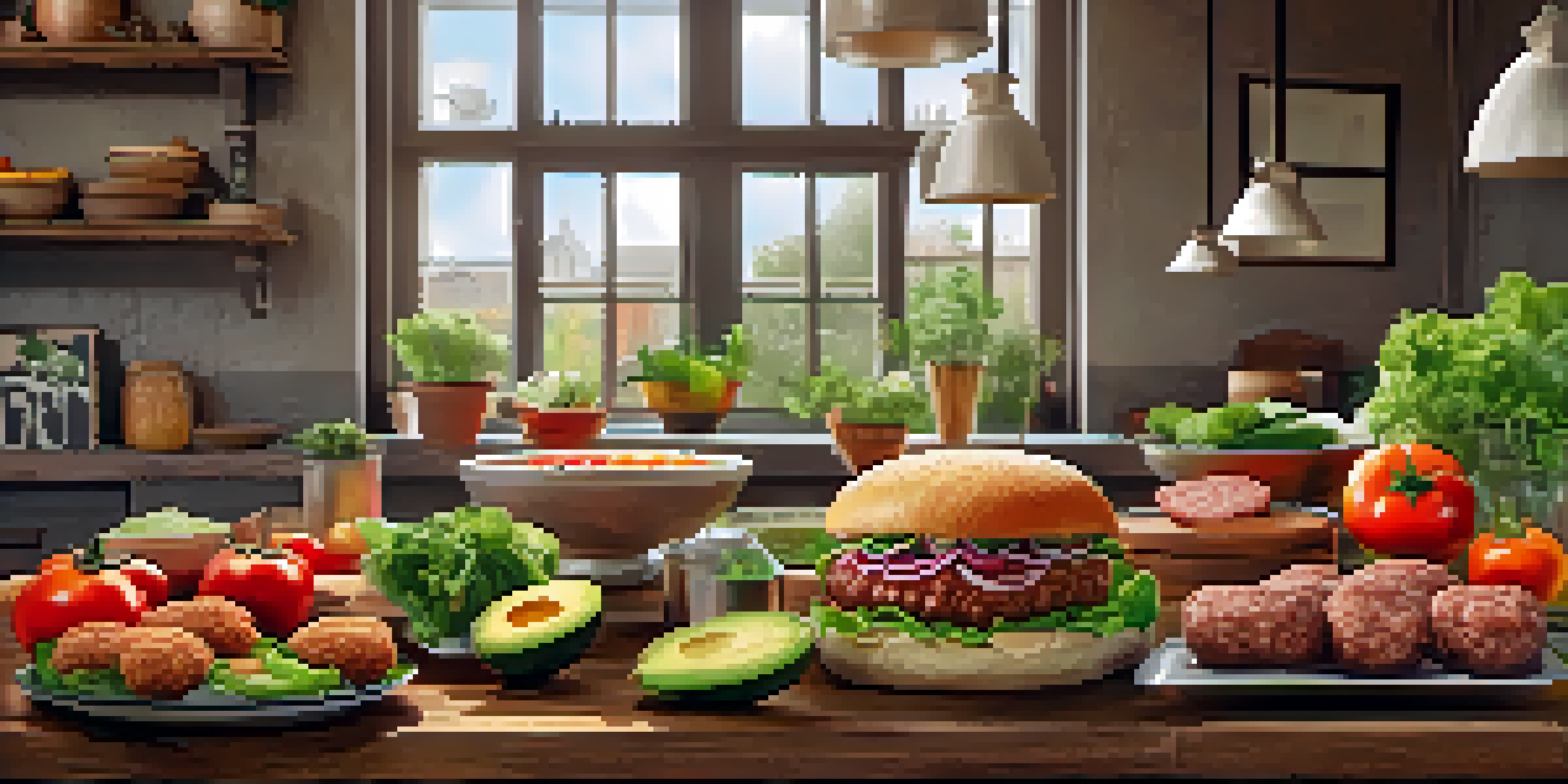 A colorful assortment of plant-based meat alternatives like burgers and sausages on a wooden table, surrounded by fresh vegetables in a bright kitchen.