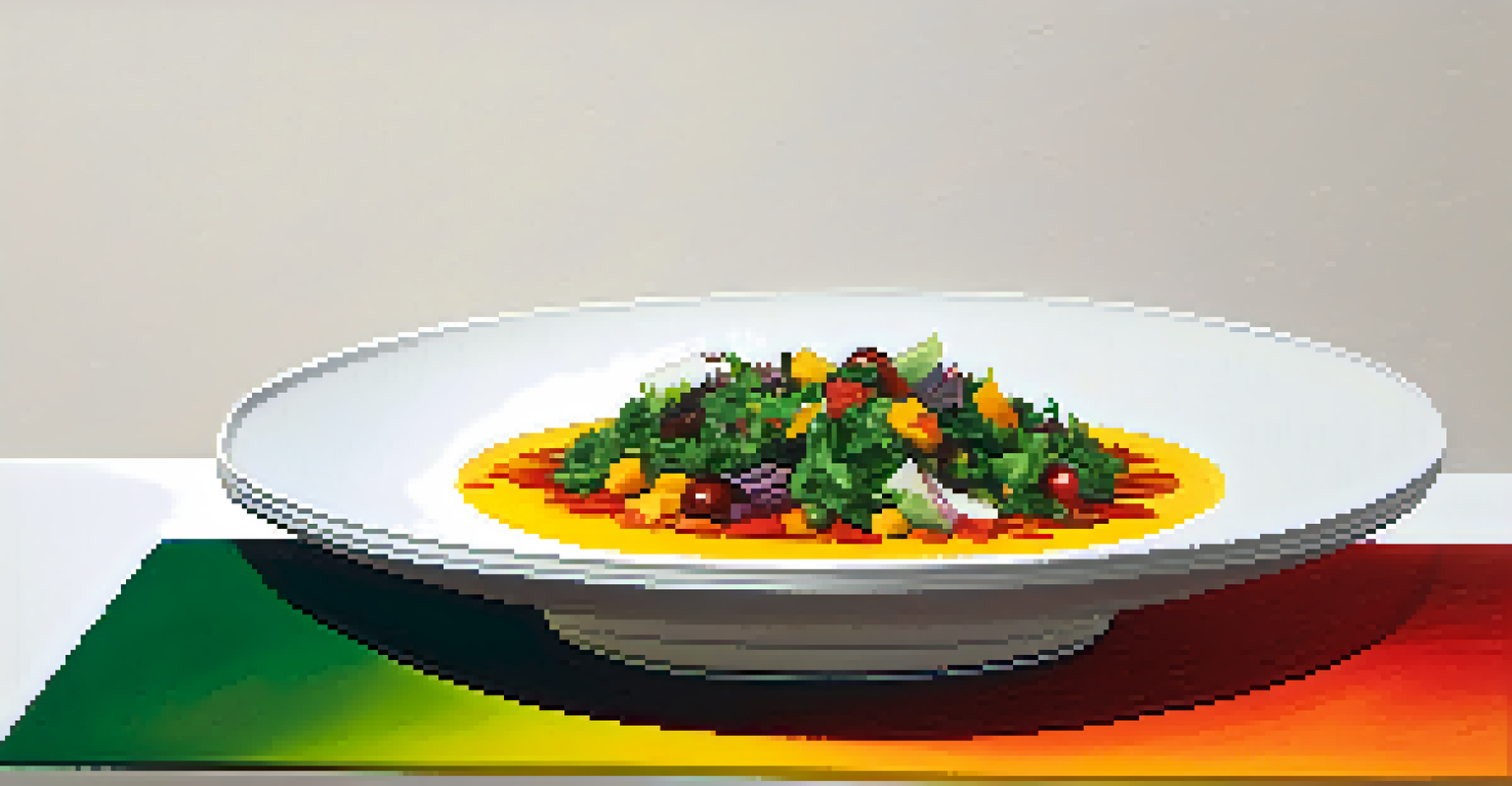 An artistically plated vegan dish with vibrant colors and intricate designs on a white plate, softly lit to enhance textures.