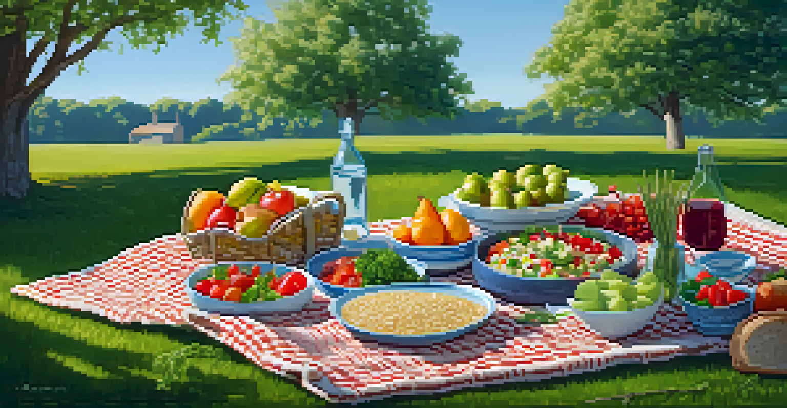 An outdoor picnic scene with a checkered blanket on grass, showcasing an array of plant-based dishes under a clear blue sky.