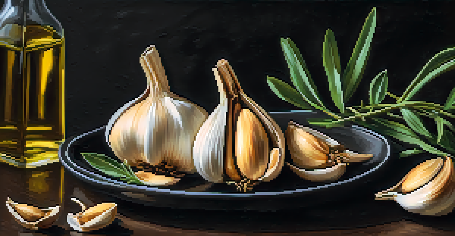 Roasted garlic cloves on a slate platter with olive oil and fresh herbs, set against a dark background.