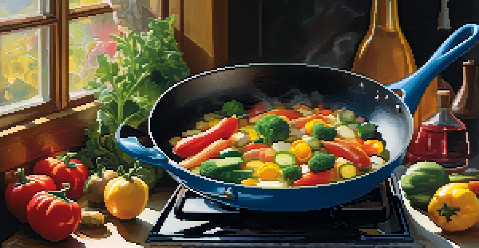 A frying pan with colorful vegetables sizzling in sunflower oil, with steam rising and a bottle of oil in the background.