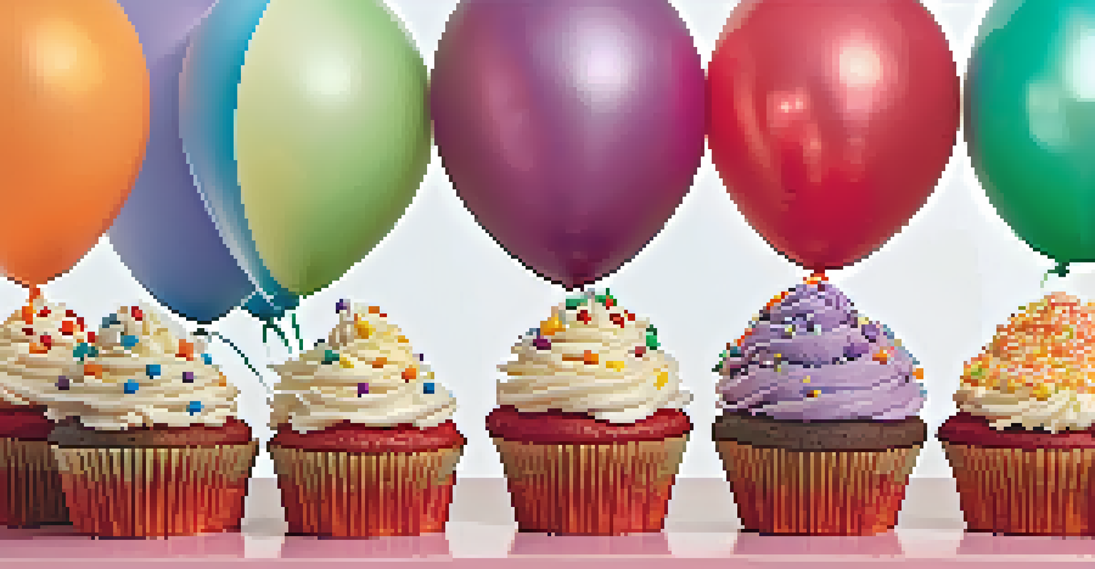 A tiered stand filled with colorful vegan cupcakes topped with frosting and sprinkles, set against a festive background of balloons and streamers.