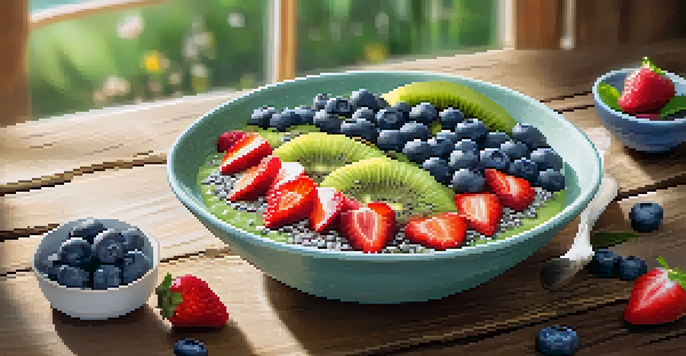 A colorful smoothie bowl with blueberries, strawberries, kiwi, chia seeds, and mint leaves on a wooden table.