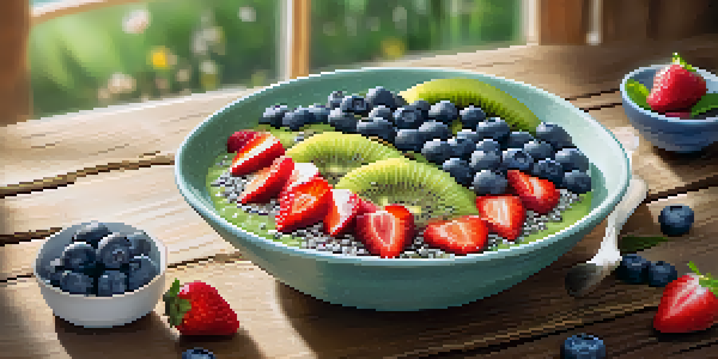 A colorful smoothie bowl with blueberries, strawberries, kiwi, chia seeds, and mint leaves on a wooden table.