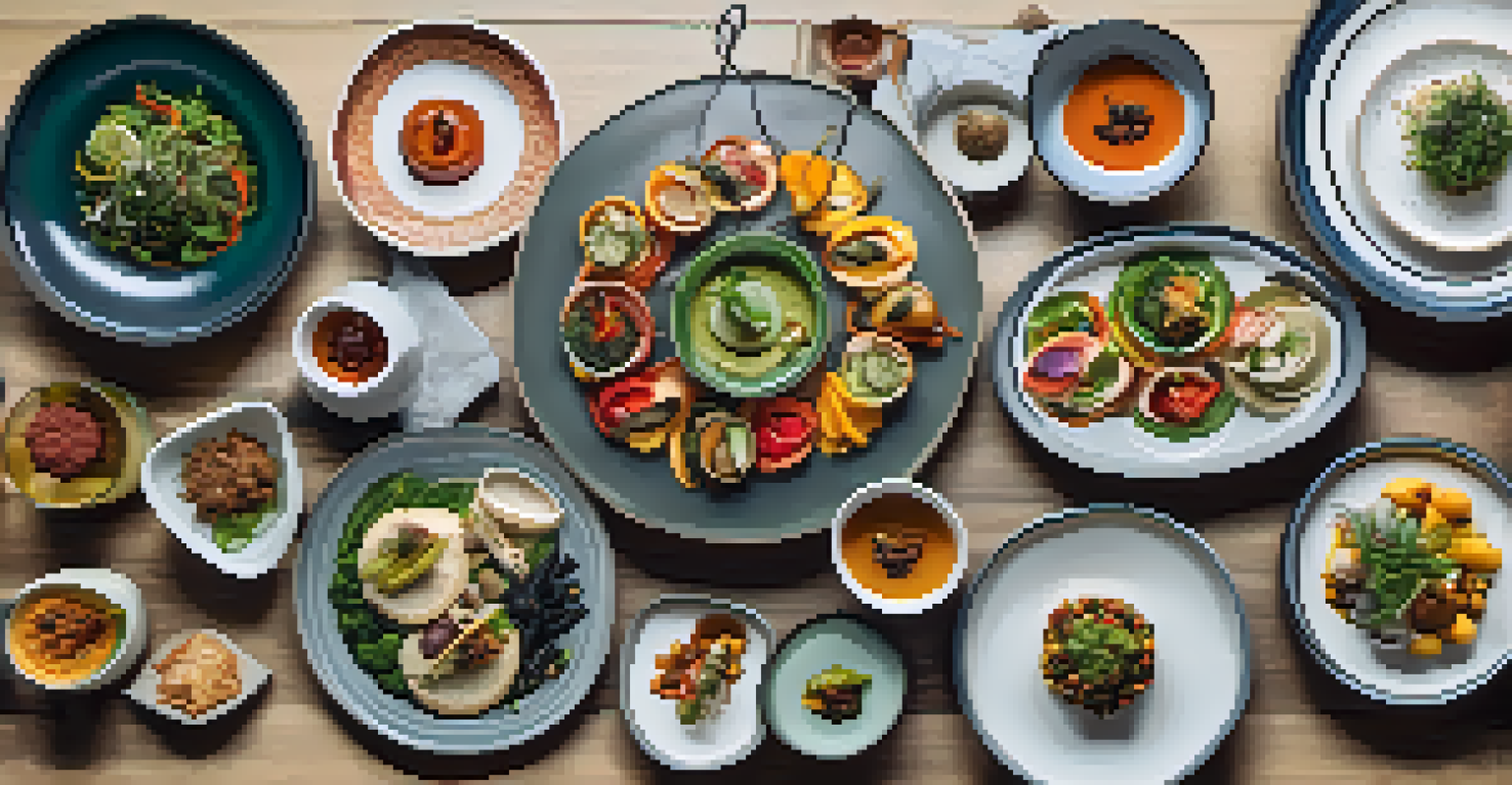 An overhead view of various vegan dishes on plates, displaying colorful ingredients and garnishes on a dining table.