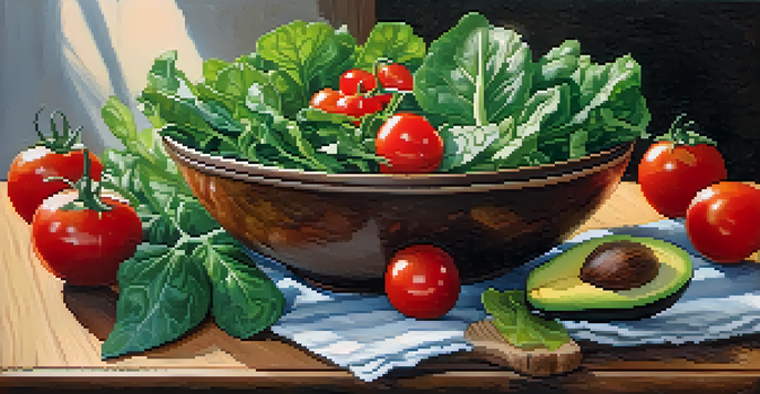 A colorful bowl filled with leafy greens, cherry tomatoes, and avocado on a wooden table, illuminated by natural light.